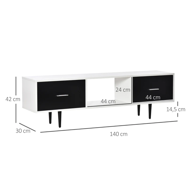 HOMCOM Fernsehtisch TV Lowboard Fernsehschrank mit Schubladen Regale für 60'' Fernseher TV-Board Wohnzimmer Schlafzimmer Metallbeine Weiß 140 x 30 x 42 cm