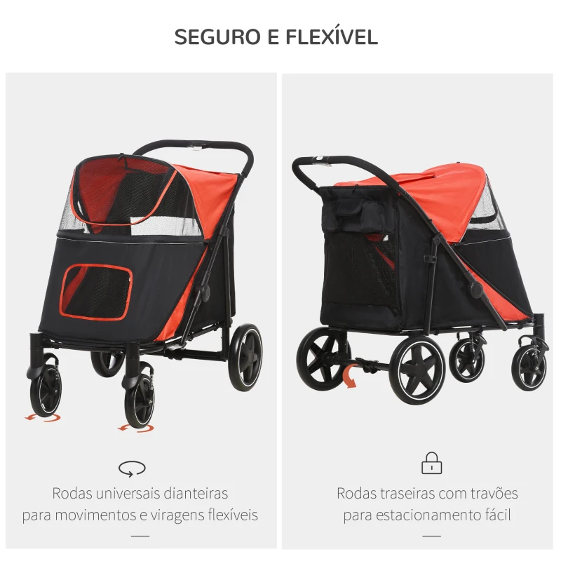 PawHut Carrinho para Cães Dobrável com Janelas de Malha Cinto de Segurança e Bolsos de Armazenamento 112x65x100 cm Vermelho