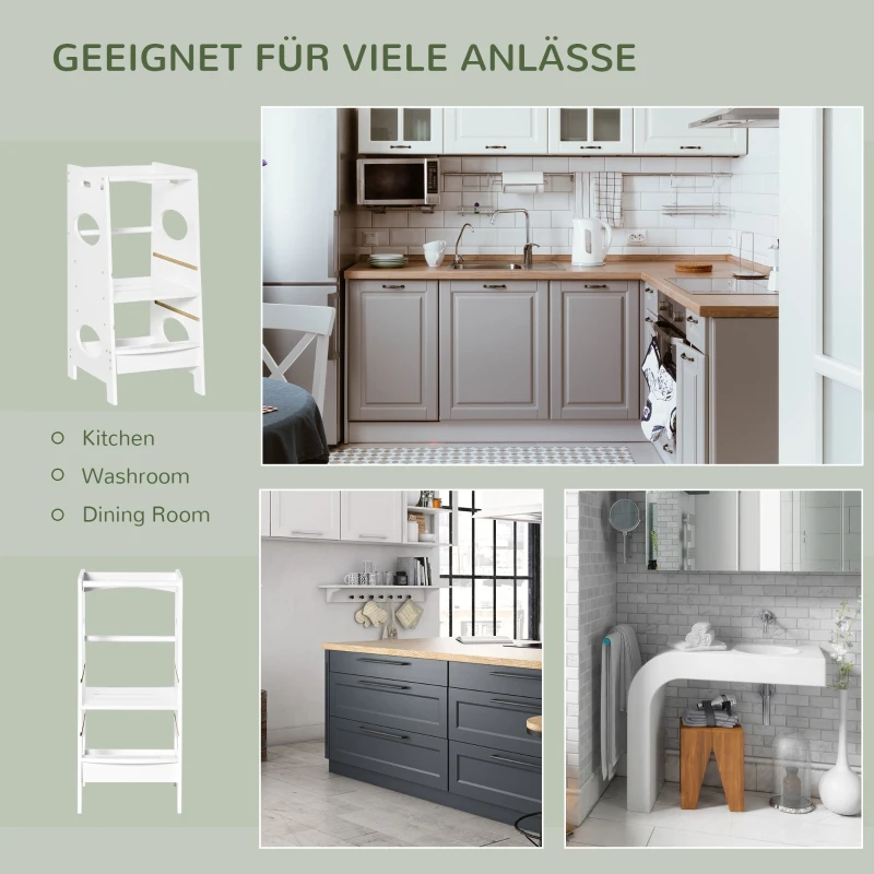 HOMCOM Lernturm für Baby Tritthocker Schemel Stehender mit 3 Stufen  Küchenhelfer für 3+ Jahre Kinder Jahre Sicherheit Bad Schlafzimmer Küche Weiß 40 x 50 x 90 cm
