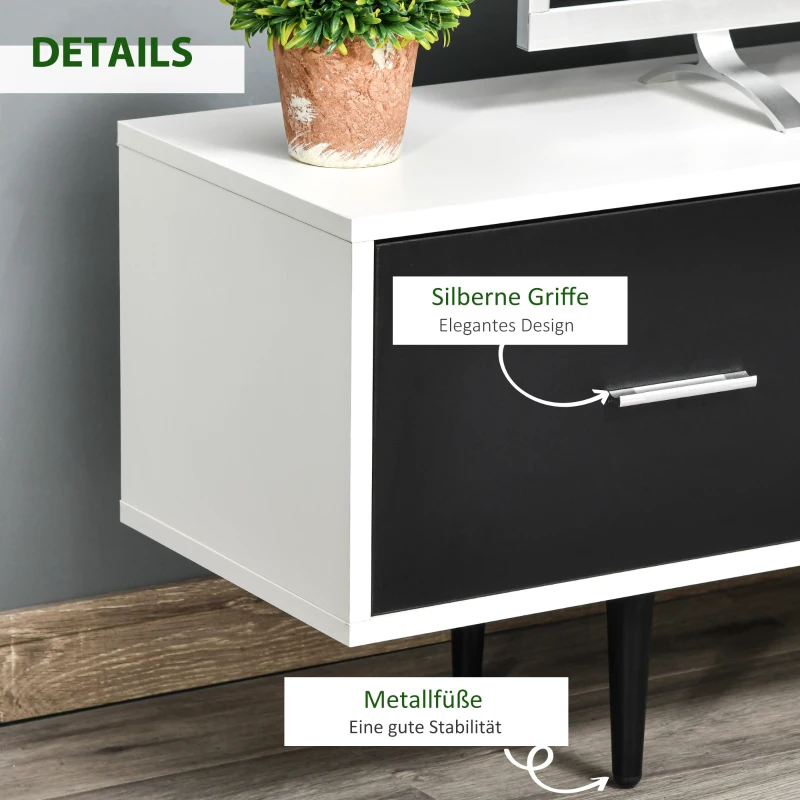 HOMCOM Fernsehtisch TV Lowboard Fernsehschrank mit Schubladen Regale für 60'' Fernseher TV-Board Wohnzimmer Schlafzimmer Metallbeine Weiß 140 x 30 x 42 cm