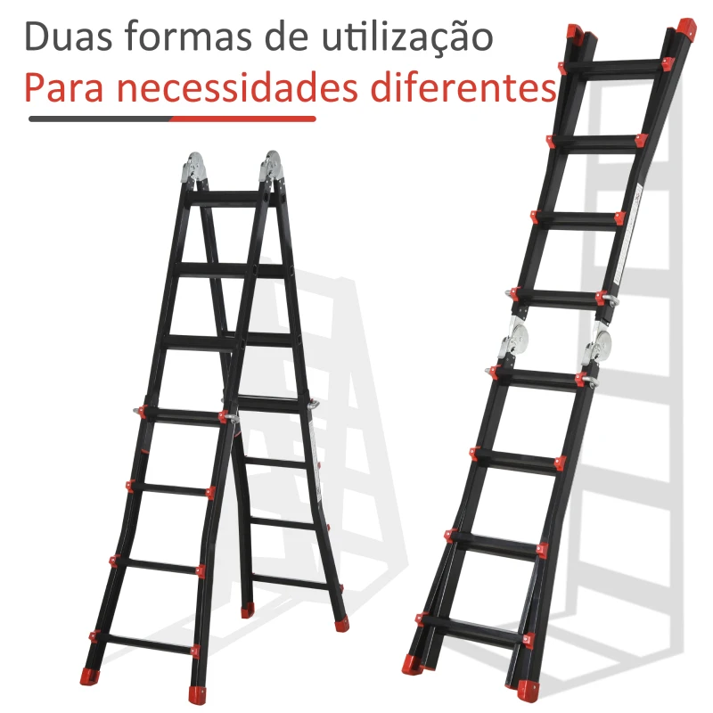 HOMCOM Escada Telescópica de Alumínio 4 m Escada Extensível Dobrável com 4 Degraus Ajustáveis Preto e Vermelho