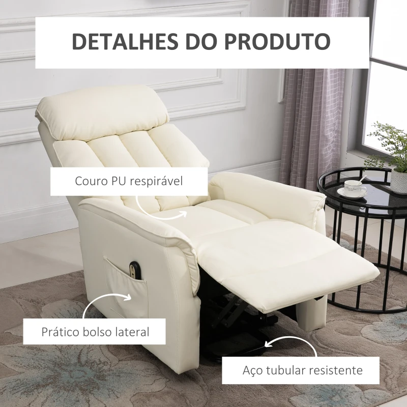 HOMCOM Poltrona Levanta Pessoas Reclinável com Apoio para os Pés Controlo Remoto Reclinação 145° e Bolso Lateral 80x94x104 cm Creme