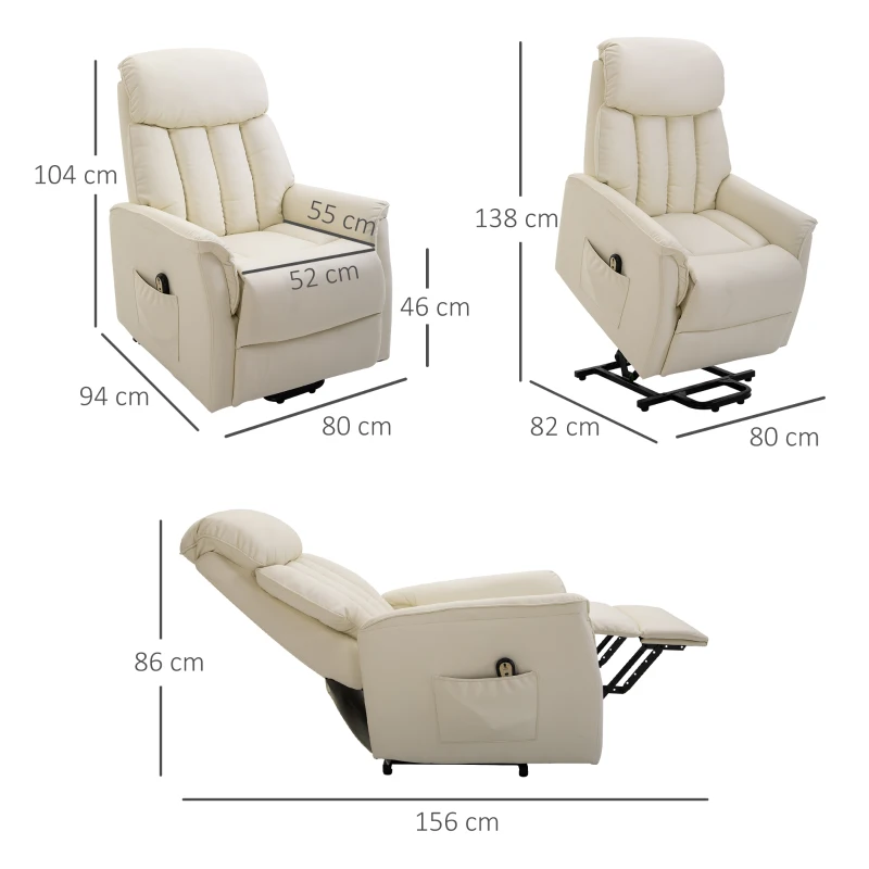 HOMCOM Poltrona Levanta Pessoas Reclinável com Apoio para os Pés Controlo Remoto Reclinação 145° e Bolso Lateral 80x94x104 cm Creme