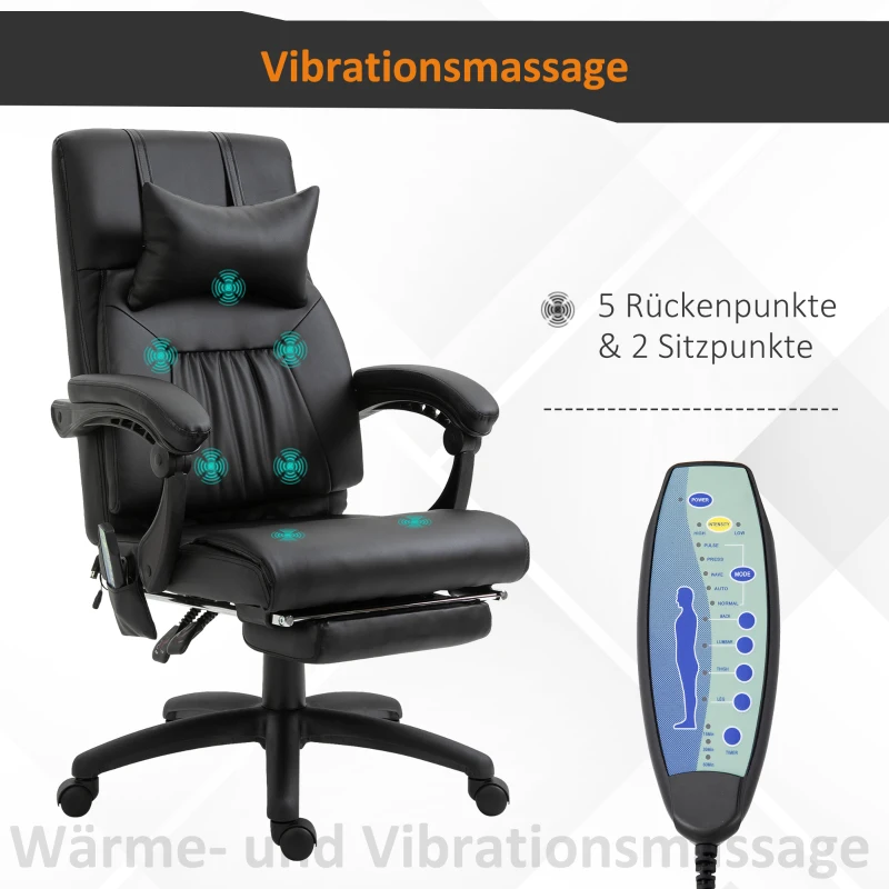 Vinsetto massagestoel directiestoel met warmtefunctie Massagefunctie 7 massagepunten, in hoogte verstelbare draaistoel met voetensteun, hoofdsteun, modern schuim PVC zwart 68 x 79 x 104-112 cm