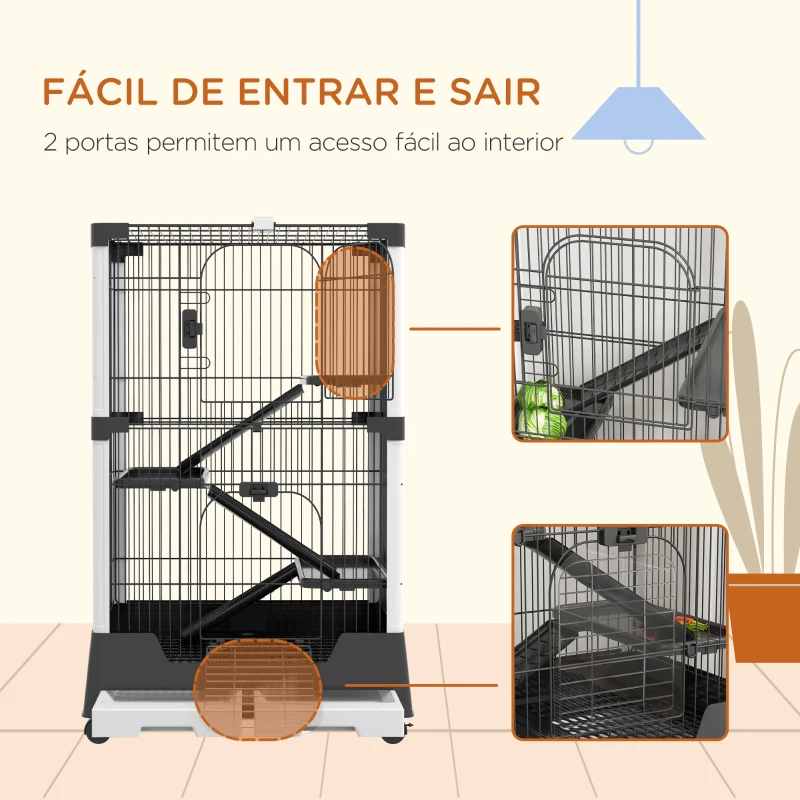 PawHut Gaiola para Animais Pequenos com Rodas 3 Plataformas 3 Rampas Bandejas Amovíveis 114x75x50 cm Preto