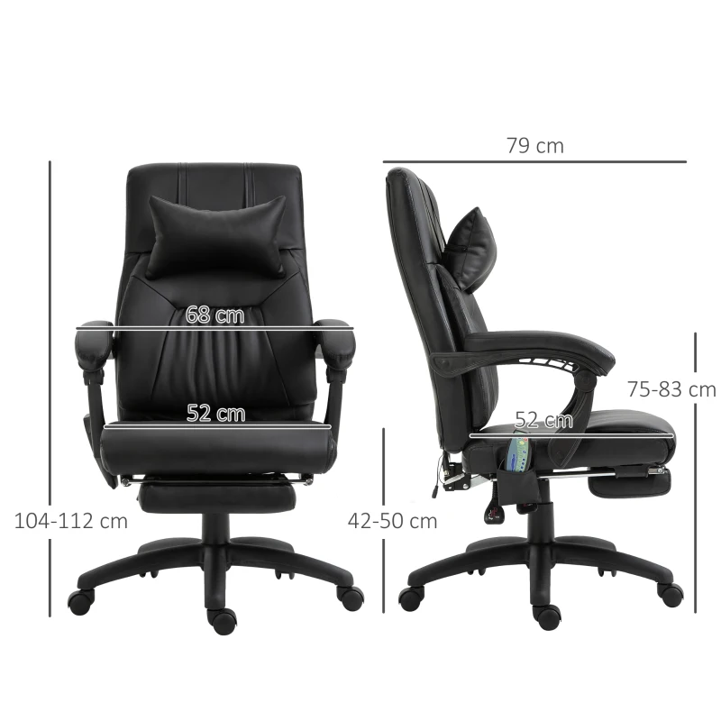 Vinsetto massagestoel directiestoel met warmtefunctie Massagefunctie 7 massagepunten, in hoogte verstelbare draaistoel met voetensteun, hoofdsteun, modern schuim PVC zwart 68 x 79 x 104-112 cm