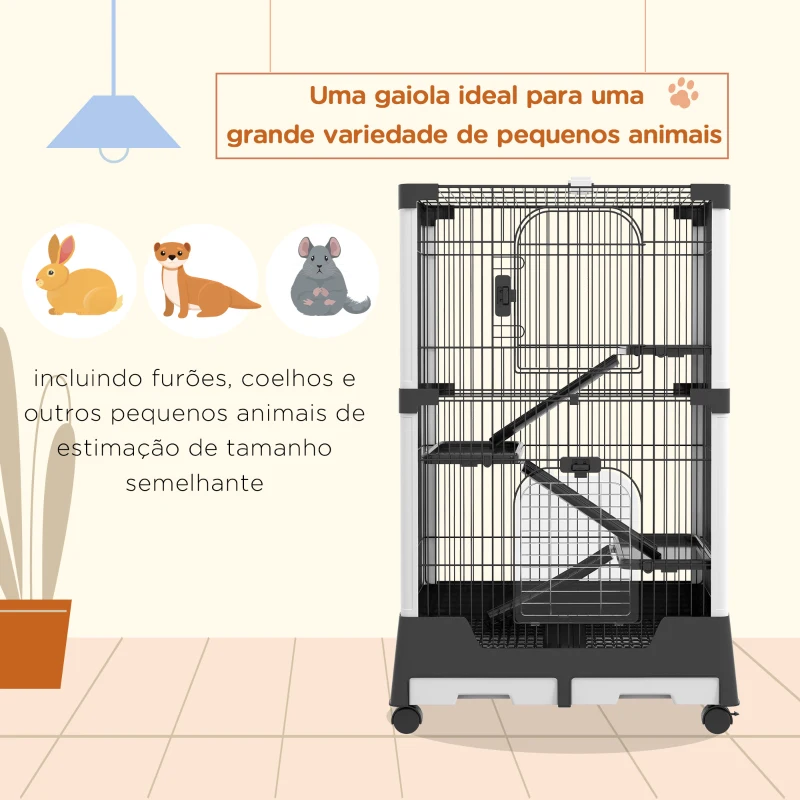 PawHut Gaiola para Animais Pequenos com Rodas 3 Plataformas 3 Rampas Bandejas Amovíveis 114x75x50 cm Preto