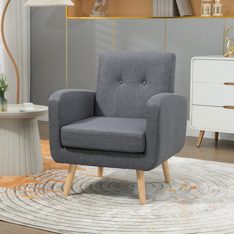 HOMCOM Fauteuil in Scandinavisch design, accentfauteuil, knoopstiksel, natuur + lichtgrijs