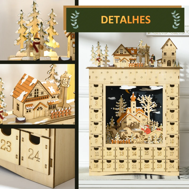 HOMCOM Calendário de Advento com Iluminação LED e 24 Gavetas de Contagem Regressiva Madeira Decoração de Natal 36x9x52 cm Madeira