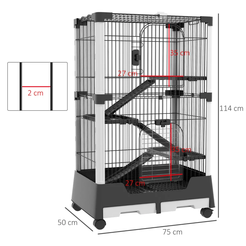 PawHut Gaiola para Animais Pequenos com Rodas 3 Plataformas 3 Rampas Bandejas Amovíveis 114x75x50 cm Preto