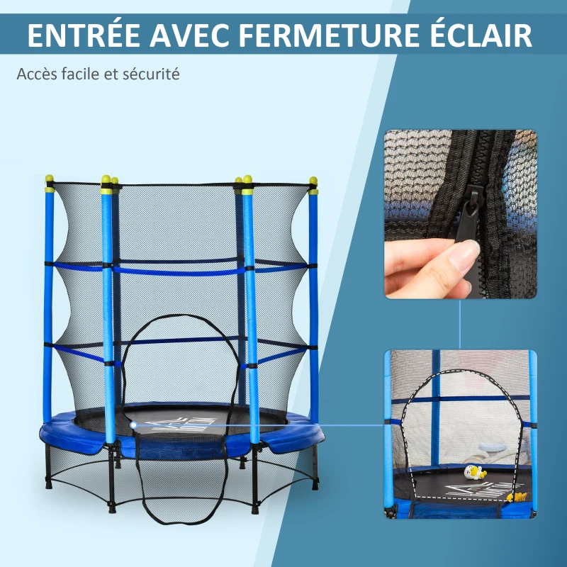 HOMCOM Trampoline Enfant Ø 1,40 × 1,60H m Filet de sécurité Porte zipée Couvre-Ressorts 6 poteaux rembourrés Inclus Bleu