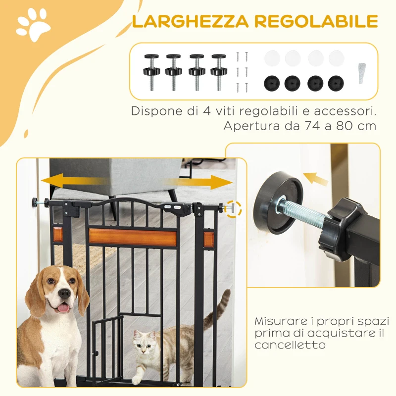 PawHut Cancellino per Cani con Fissaggio a Pressione, Estensibile da 74-80cm con Chiusura Automatica, Nero