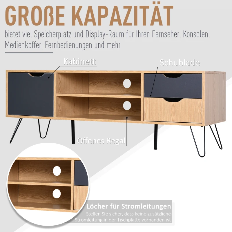 HOMCOM TV Schrank, TV-Kommode, Schrankelement mit Schublade und Offene Regale, Spanplatte, Metall, Grau, 140 x 39,5 x 49,5 cm