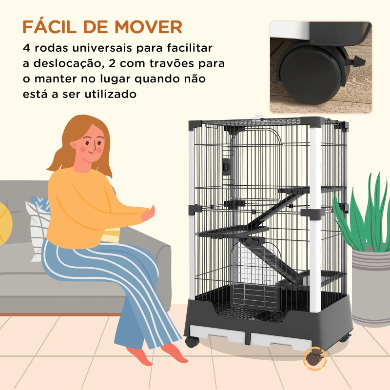 PawHut Gaiola para Animais Pequenos com Rodas 3 Plataformas 3 Rampas Bandejas Amovíveis 114x75x50 cm Preto