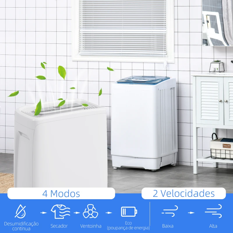 HOMCOM Desumidificador Elétrico 12L/Dia com 4 Modos 2 Velocidades Desligamento Automático Ecrã LED Temporizador 29x18x49 cm Branco