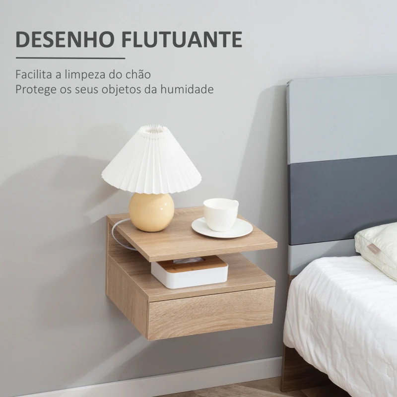 HOMCOM Conjunto de 2 Mesas de Cabeceira Flutuante com 1 Gaveta e Prateleira Aberta com Desenho Moderno  35x32x22,5 cm Carvalho