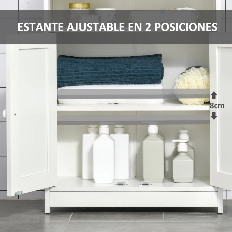 HOMCOM Armario Auxiliar de Baño con 2 Puertas Estante Interior Ajustable y Compartimento Abierto Mueble de Baño para Salón Cocina 60x30x80 cm Blanco