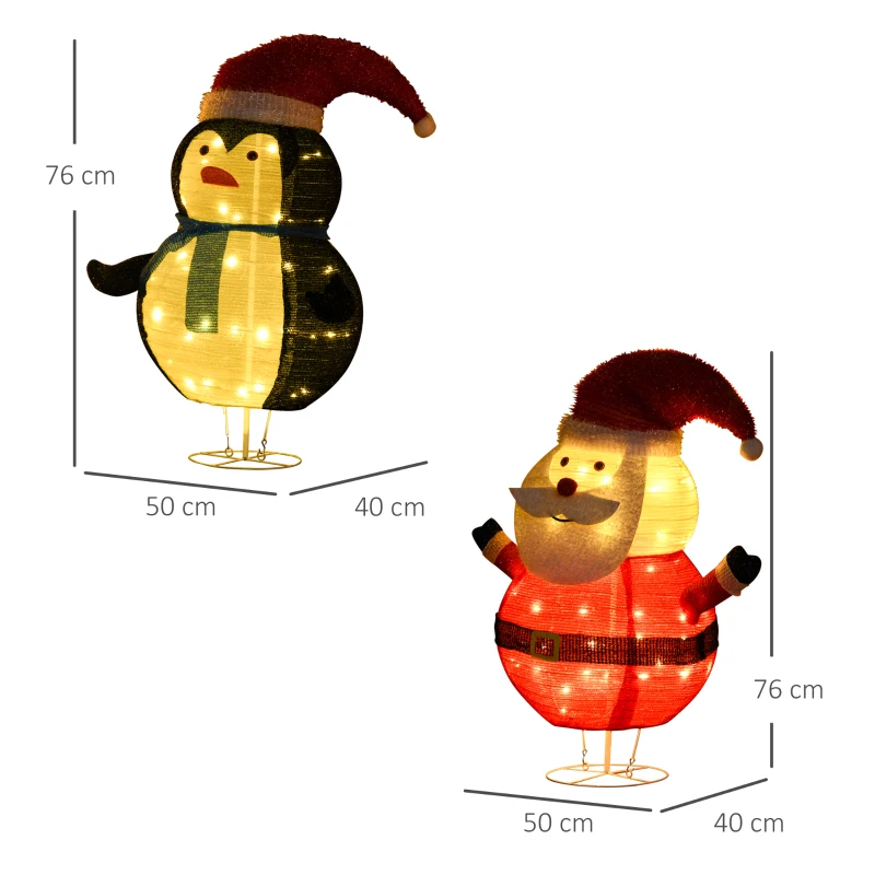 HOMCOM Weihnachtsdeko Weihnachtslichter Weihnachtsschmuck, Pinguin, Weihnachtsmann, inkl. LEDS, 50 cm x 40 cm x 76 cm