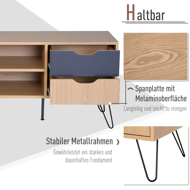HOMCOM TV Schrank, TV-Kommode, Schrankelement mit Schublade und Offene Regale, Spanplatte, Metall, Grau, 140 x 39,5 x 49,5 cm