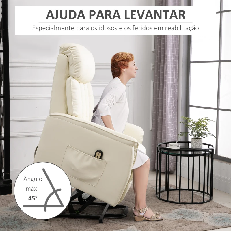 HOMCOM Poltrona Levanta Pessoas Reclinável com Apoio para os Pés Controlo Remoto Reclinação 145° e Bolso Lateral 80x94x104 cm Creme