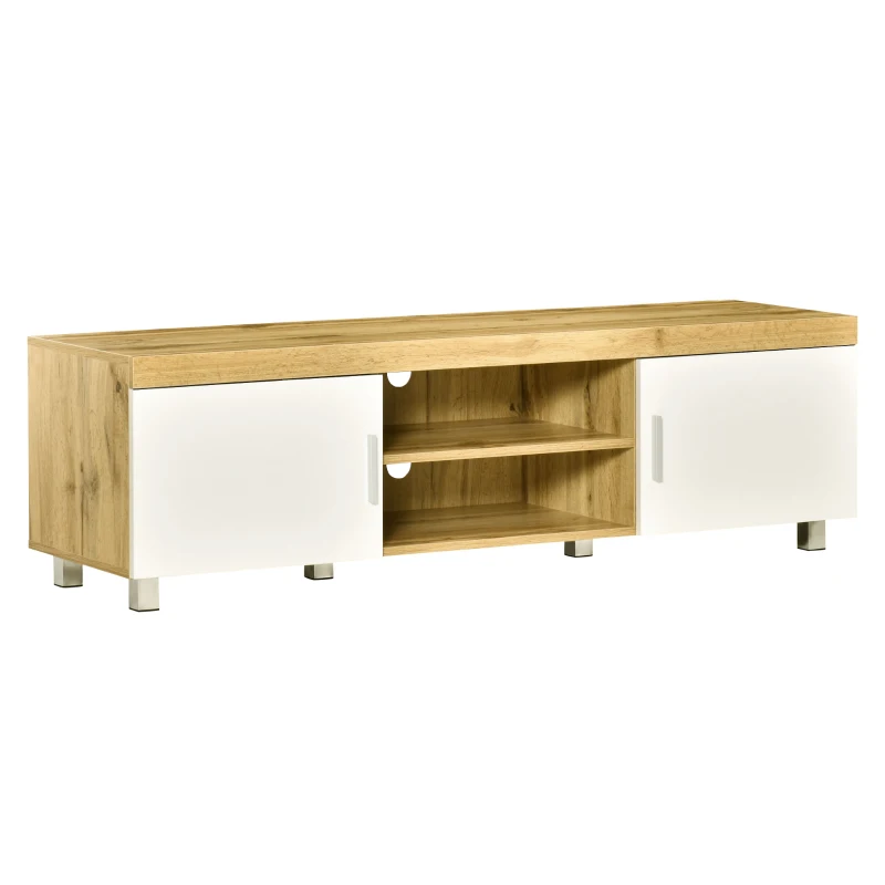 Stolik RTV HOMCOM szafka RTV szafka pod telewizor komoda RTV na telewizory do 63 cali 2 półki i otwory na kable MDF dąb + biały 140 x 40 x 41,5 cm