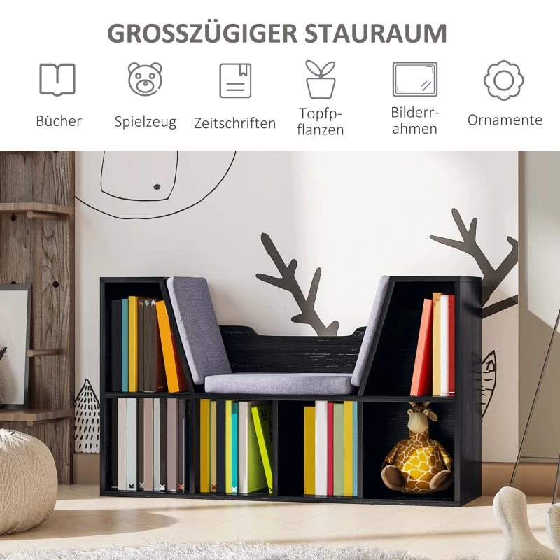 HOMCOM Bücherregal mit Sitzhocker Sitzbank Sitzbänke & -truhen mit 6 Stauräumen für Aufbewahrung Sitzbar mit Kissen Spanplatte Schaumstoff Leinen Schwarz+Grau 102 × 30 × 61 cm