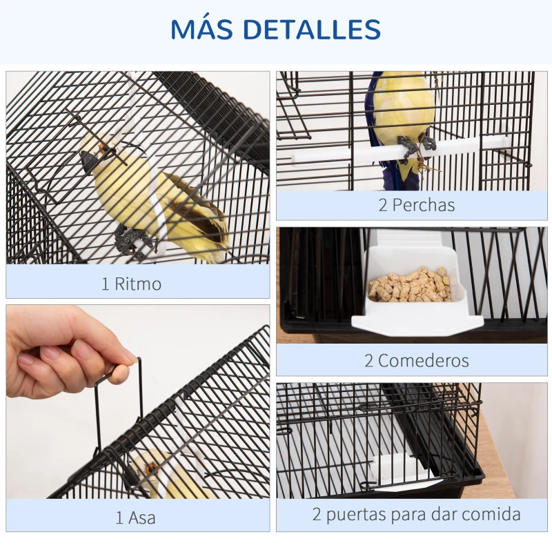 PawHut Jaula para Pájaros de Metal con Comederos Perchas Columpio y Bandeja Extraíble para Canarios Periquitos 39x34x47 cm Negro