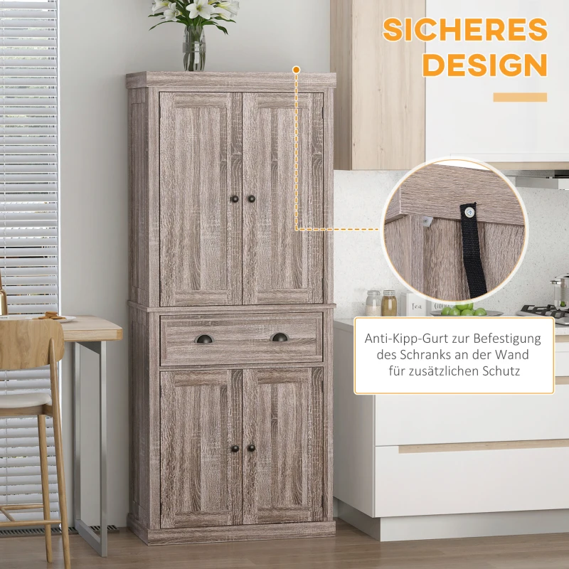HOMCOM Küchenschrank, Hochschrank, Küchenbuffet mit 2 Schränken und Schublade, Mehrzweckschrank, Kippschutz, Sideboard, Braun, 76 x 40,5 x 184 cm
