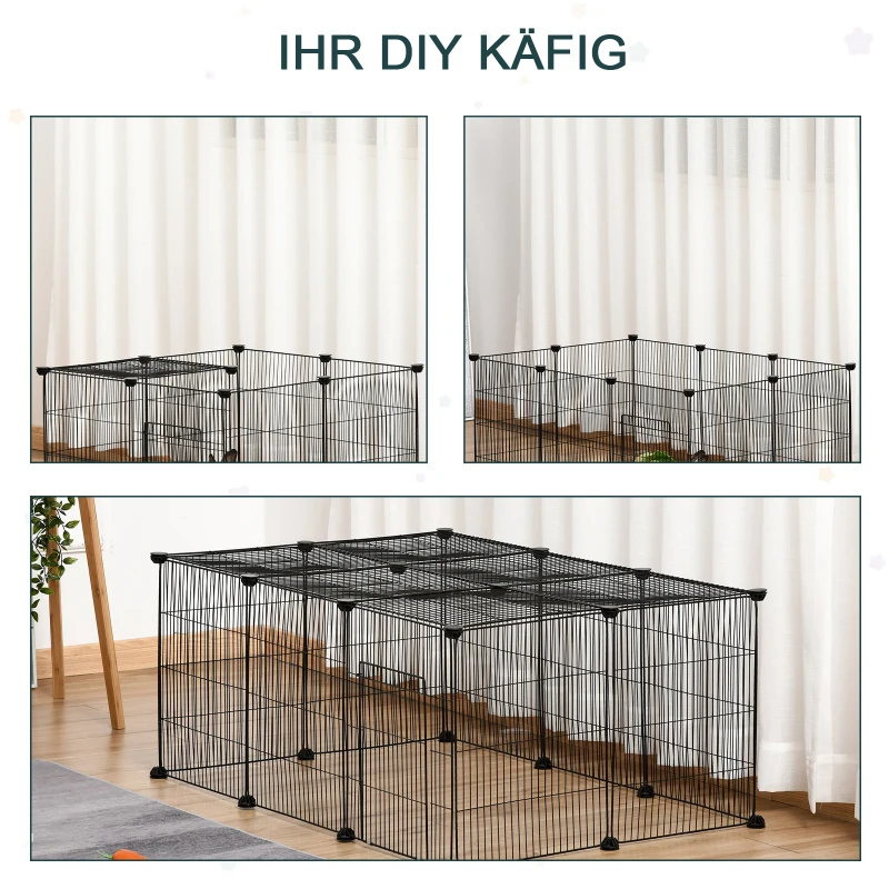 PawHut verblijf voor kleine huisdieren buitenverblijf DIY kitten konijn chinchilla kooi metaal zwart