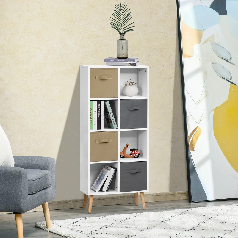 HOMCOM Bücherregal Standregal Kommode Küchenschrank Würfelregal mit offene Ablagefächer und  Stoffschubladen,Weiß+Braun+Grau, Spanplatte, 54,5 x 24 x 122,5 cm