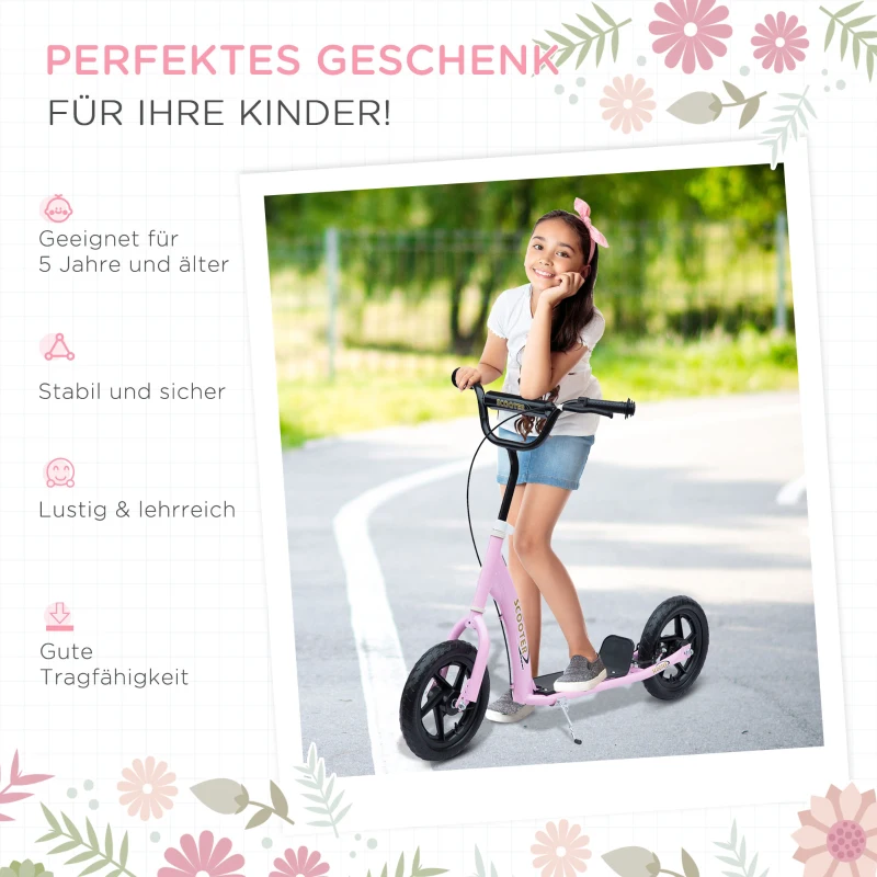 HOMCOM Tretroller, Scooter für Kinder, mit Handbremse, Ständer, 12 Zoll Räder, ab 5 Jahren, Stahl, Rosa 120 x 52 x 88 cm