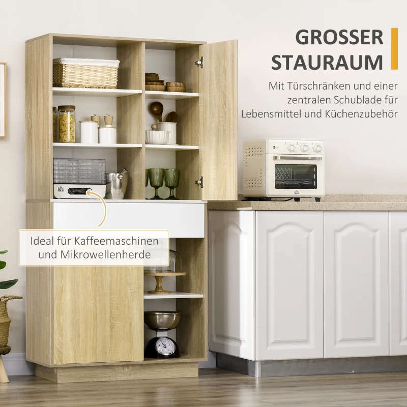 HOMCOM Küchenschrank, Buffetschrank, 3 versetzbare Einlegeböden, Schublade, Farbe: Weiß+Holz, 89 x 39,6 x 180 cm