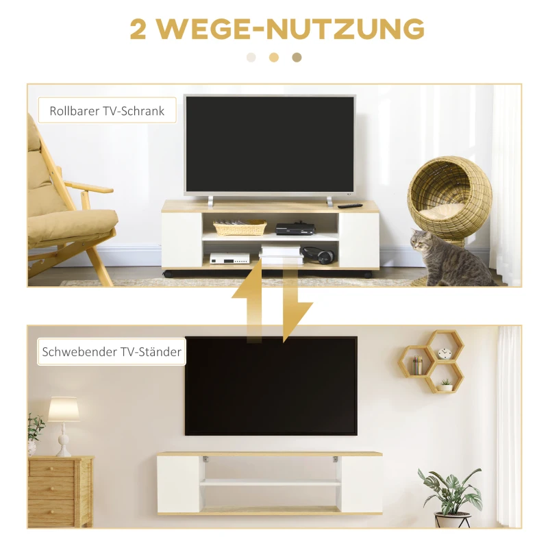 HOMCOM Szafka pod telewizor, niski stolik na kółkach, z 2 otwartymi półkami do salonu, biały