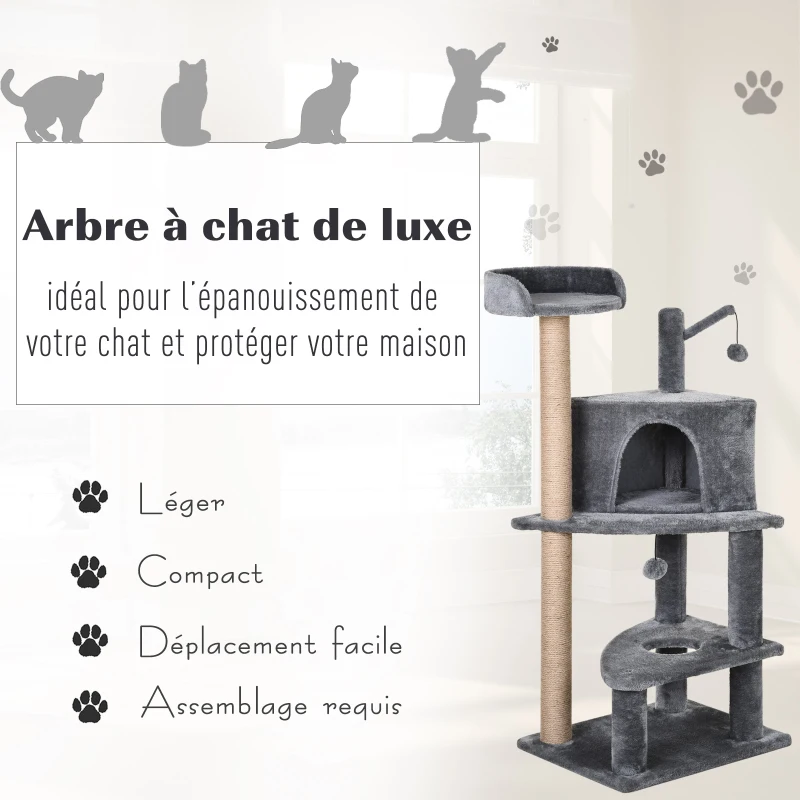PawHut Arbre à chat griffoir grattoir sisal naturel plateformes niche et jeux de boules suspendues dim. 50L x 40l x 112H cm peluche haute densité 500 g/m² gris