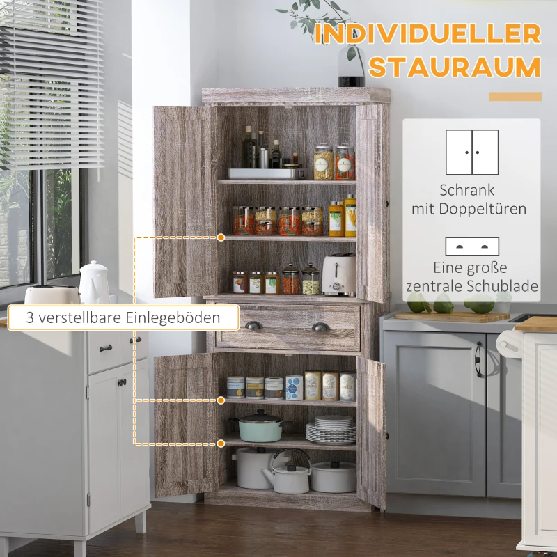 HOMCOM Küchenschrank, Hochschrank, Küchenbuffet mit 2 Schränken und Schublade, Mehrzweckschrank, Kippschutz, Sideboard, Braun, 76 x 40,5 x 184 cm