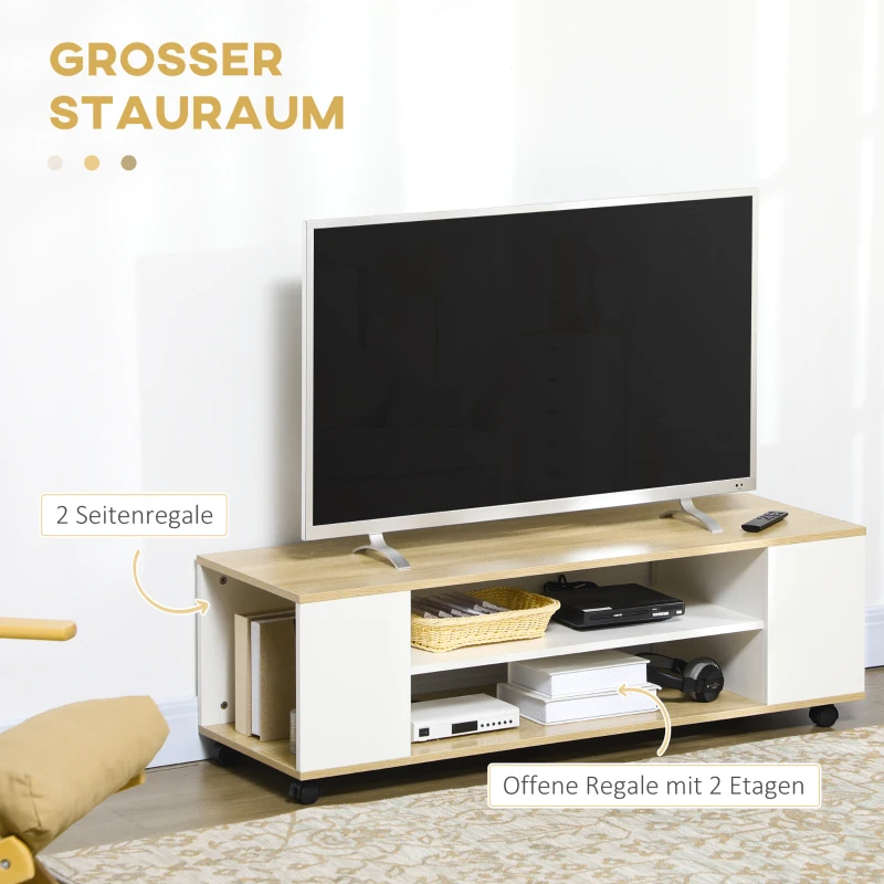 HOMCOM Szafka pod telewizor, niski stolik na kółkach, z 2 otwartymi półkami do salonu, biały