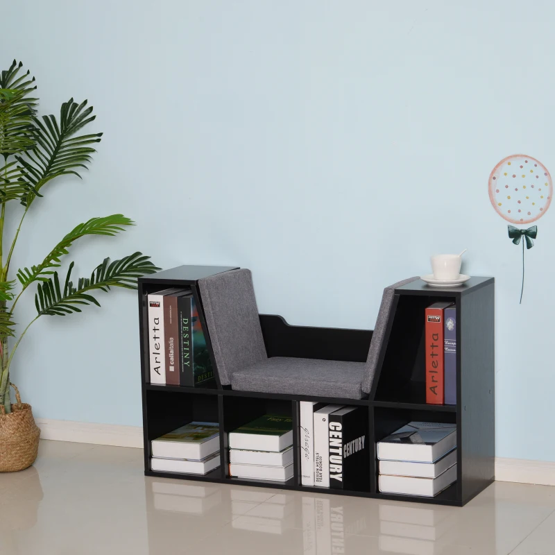 HOMCOM Bücherregal mit Sitzhocker Sitzbank Sitzbänke & -truhen mit 6 Stauräumen für Aufbewahrung Sitzbar mit Kissen Spanplatte Schaumstoff Leinen Schwarz+Grau 102 × 30 × 61 cm