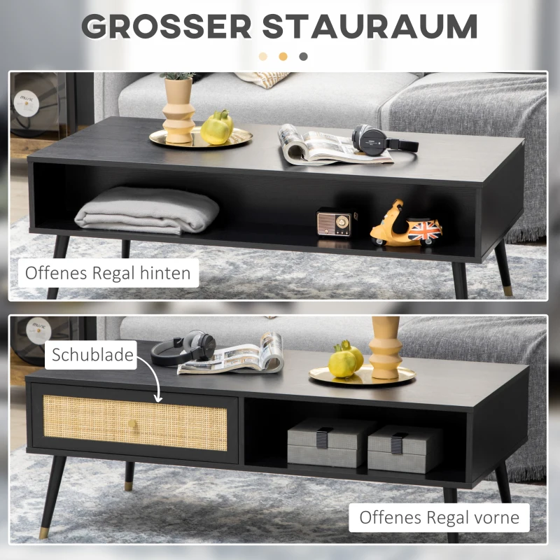 HOMCOM Couchtisch im Boho-Design, mit 1 Schublade, 2 Fächern, Rattan-Element, Schwarz + Natur