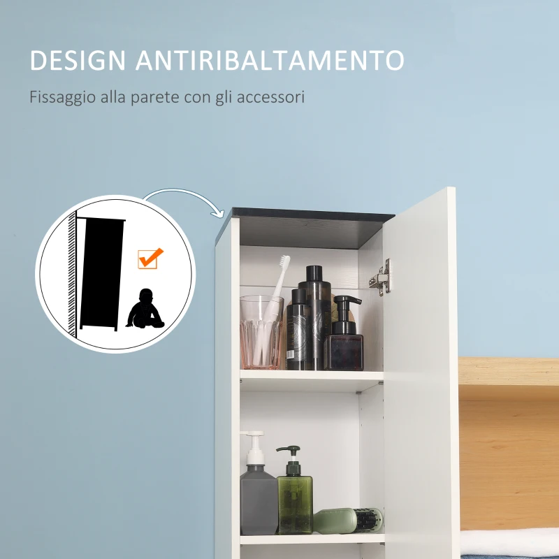 kleankin Mobile Bagno con Ripiano Regolabile, 2 Ripiani Chiusi e un Cassetto in Legno, 30x28x180 cm, Bianco