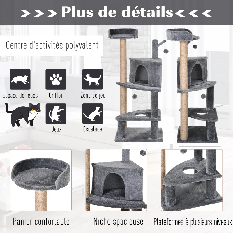 PawHut Arbre à chat griffoir grattoir sisal naturel plateformes niche et jeux de boules suspendues dim. 50L x 40l x 112H cm peluche haute densité 500 g/m² gris