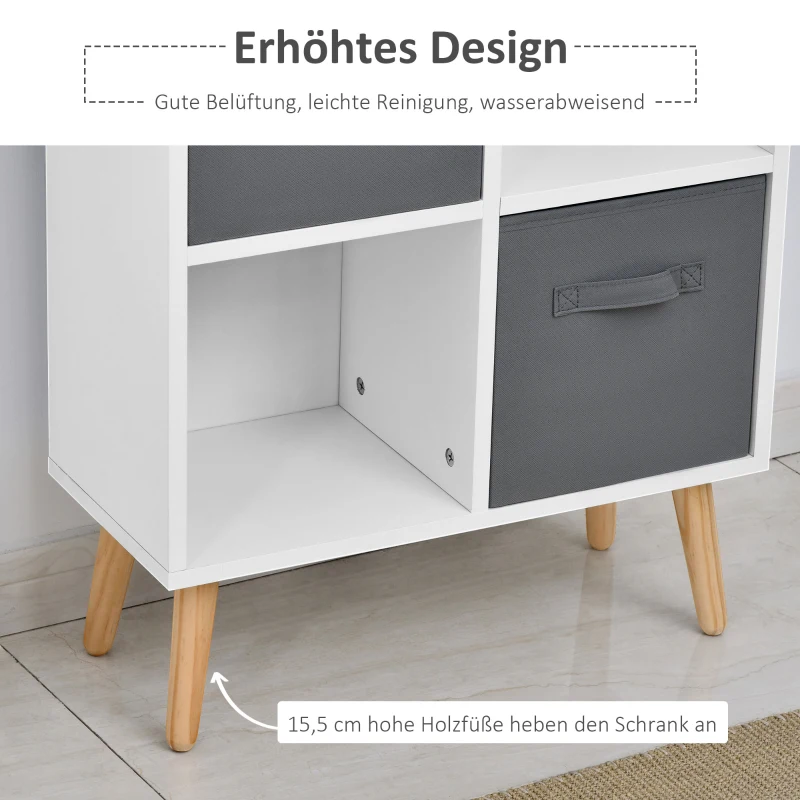 HOMCOM Bücherregal Standregal Kommode Küchenschrank Würfelregal mit offene Ablagefächer und  Stoffschubladen,Weiß+Braun+Grau, Spanplatte, 54,5 x 24 x 122,5 cm