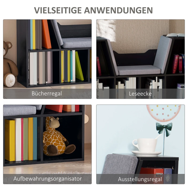 HOMCOM Bücherregal mit Sitzhocker Sitzbank Sitzbänke & -truhen mit 6 Stauräumen für Aufbewahrung Sitzbar mit Kissen Spanplatte Schaumstoff Leinen Schwarz+Grau 102 × 30 × 61 cm