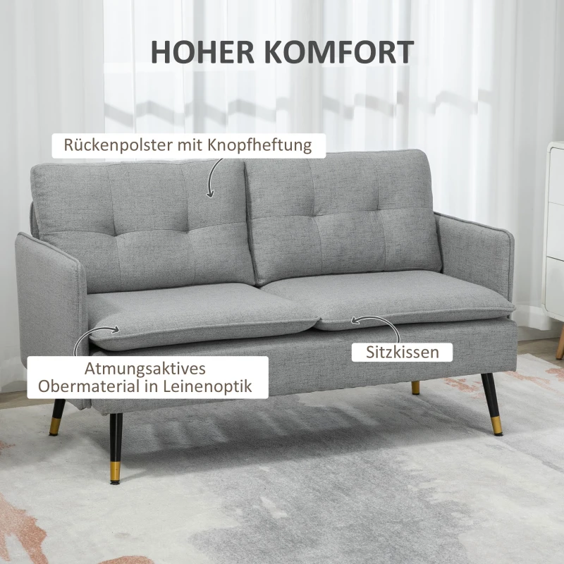HOMCOM 2-zitsbank in retro-design, met knoopstiksels, linnenlook, lichtgrijs+zwart+goud
