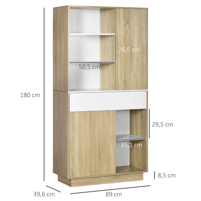 HOMCOM Küchenschrank, Buffetschrank, 3 versetzbare Einlegeböden, Schublade, Farbe: Weiß+Holz, 89 x 39,6 x 180 cm