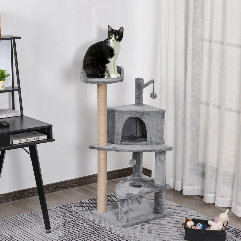 PawHut Arbre à chat griffoir grattoir sisal naturel plateformes niche et jeux de boules suspendues dim. 50L x 40l x 112H cm peluche haute densité 500 g/m² gris