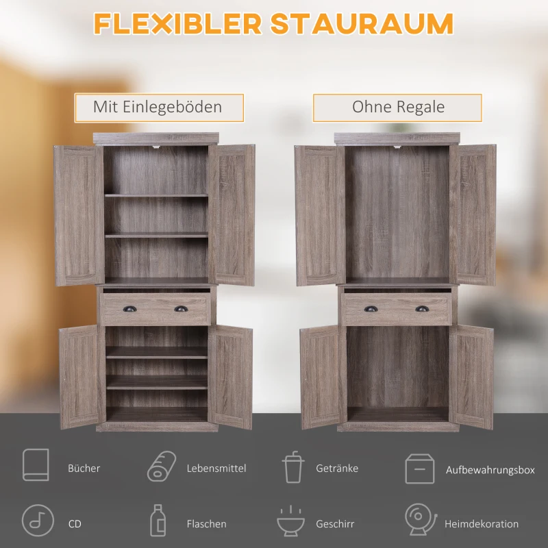 HOMCOM Küchenschrank, Hochschrank, Küchenbuffet mit 2 Schränken und Schublade, Mehrzweckschrank, Kippschutz, Sideboard, Braun, 76 x 40,5 x 184 cm