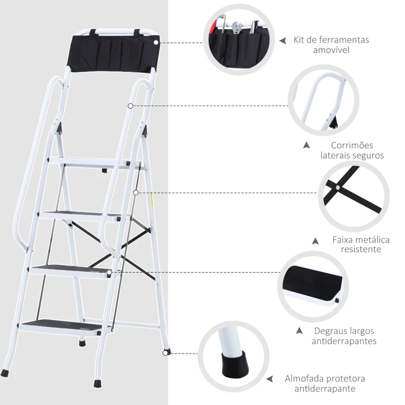HOMCOM Escada Dobrável com 4 Degraus Apoio para os Braços e Suporte para Ferramentas 50x83x155 cm Branco