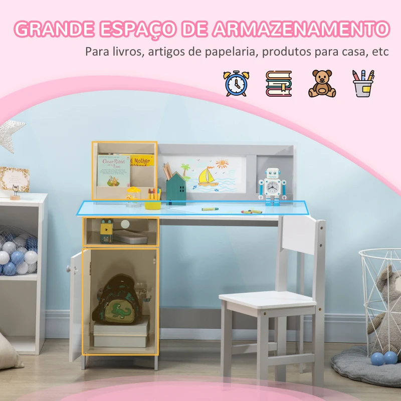HOMCOM Conjunto de Mesa e Cadeira Infantil de Madeira com Quadro Branco Mesa de Estudo para Crianças acima de 5 Anos 90x45x85cm Cinza