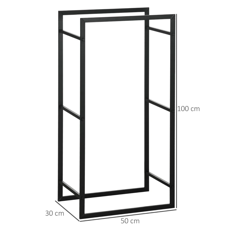 Outsunny Suporte para Lenha de Metal Prateleira de Armazenamento para Empilhar Troncos 50x30x100 cm Preto