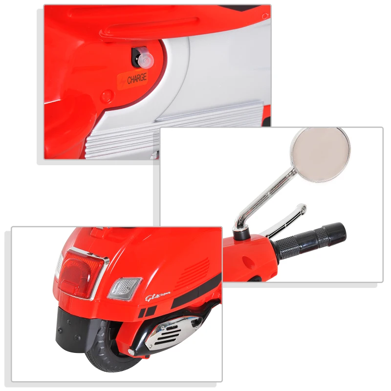 HOMCOM Vespa Scooter Moto électrique Enfants 6 V dim. 102L x 51l x 76H cm Musique MP3 Port USB klaxon Phare feu AR Rouge